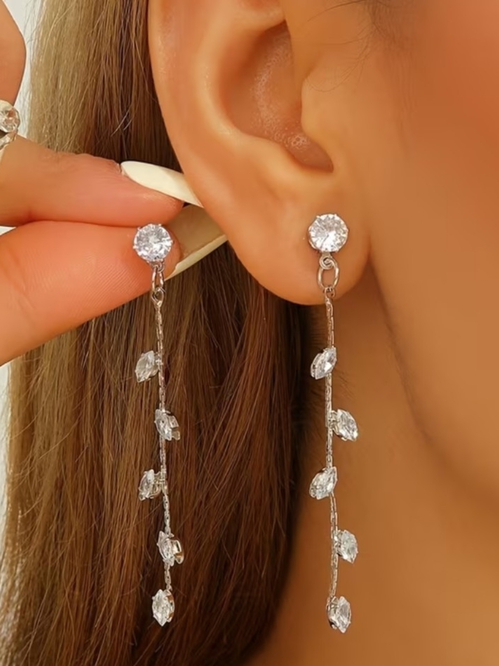 Silver Crystal Vine Drop Earrings - Clear